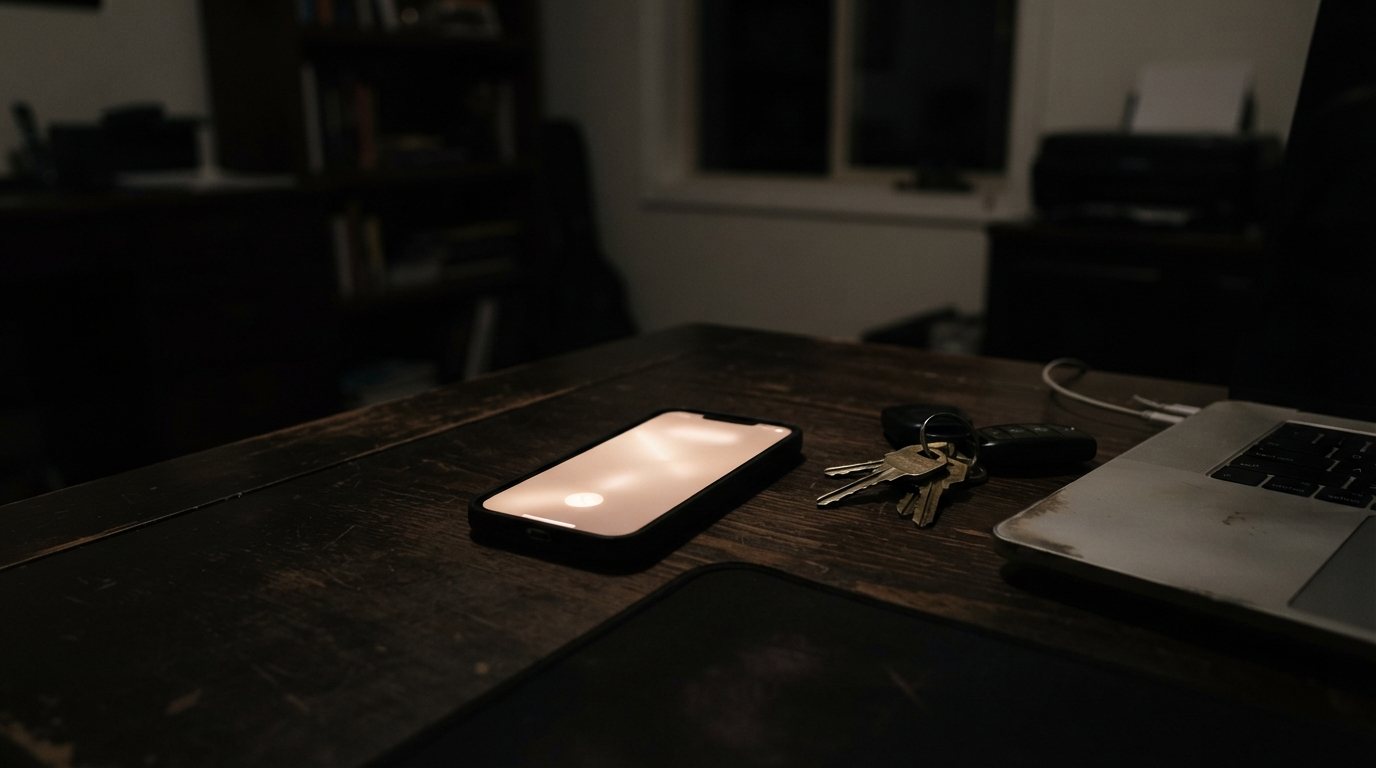 A phone lying face-up and lit on a dark desk at an odd hour, screen glowing pale against the wood, a set of keys and the edge