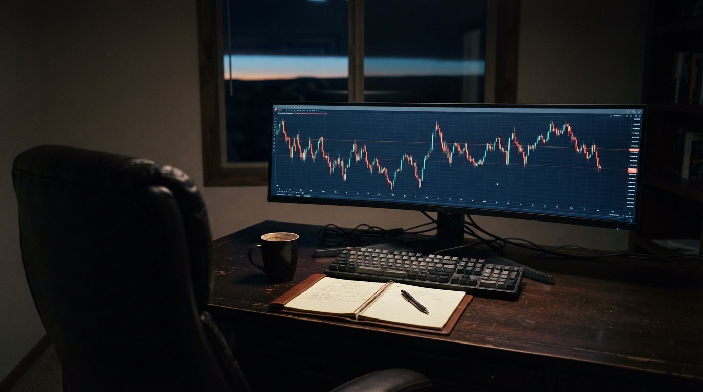 A working desk in a dark room before dawn, a half-drunk mug and a legal pad with handwritten notes and a pen laid across it